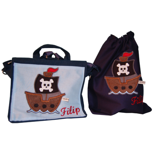SET Kindergartentasche und Turnbeutel Piratenschiff mit Namen Lieblingsstücke