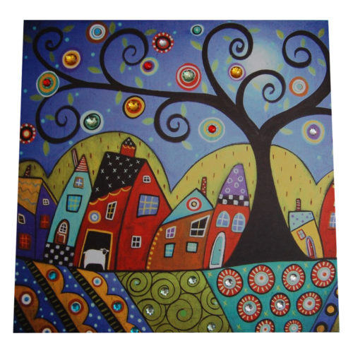 farbenfrohes Bild Baum mit Häuserern sowie Schmucksteine