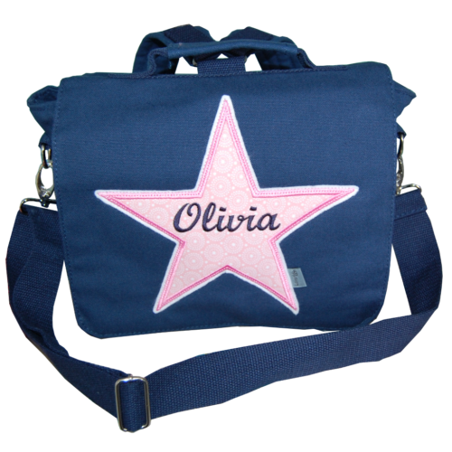 Kita-Tasche mit Stern und Namen in dunkelblau und rosa von Lieblingsstücke 4330